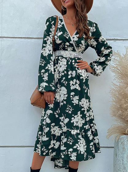 Midi Dresses- Floral Surplice V Neck Long Sleeve Dress- - Pekosa Women Clothing