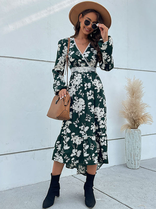 Midi Dresses- Floral Surplice V Neck Long Sleeve Dress- - Pekosa Women Clothing