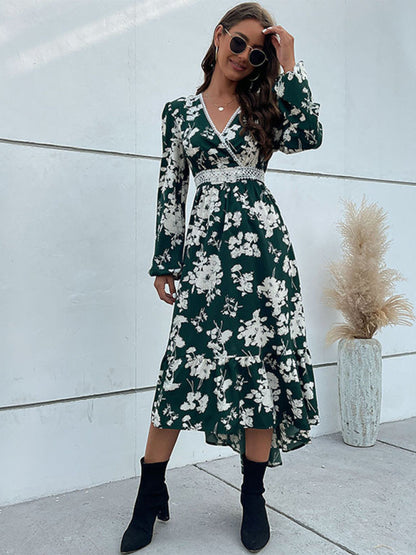 Midi Dresses- Floral Surplice V Neck Long Sleeve Dress- - Pekosa Women Clothing