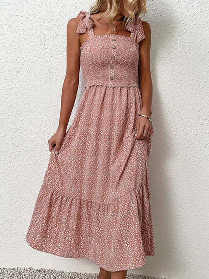 Midi Dresses- Floral Tiered Smocked Shoulder Tie Cami Midi Dress- Pink- Pekosa Women Clothing