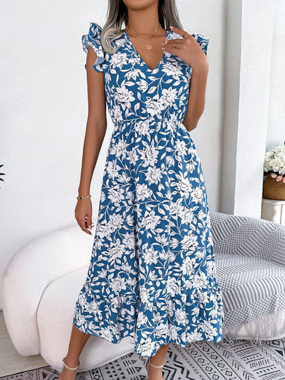 Midi Dresses- Floral V-Neck A-Line Midi Dress with Gathered Waist and Ruffle Frills- Blue- Pekosa Women Clothing