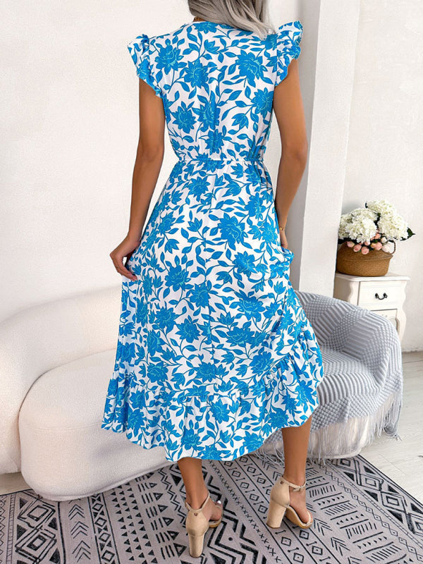 Midi Dresses- Floral V-Neck A-Line Midi Dress with Gathered Waist and Ruffle Frills- - Pekosa Women Clothing