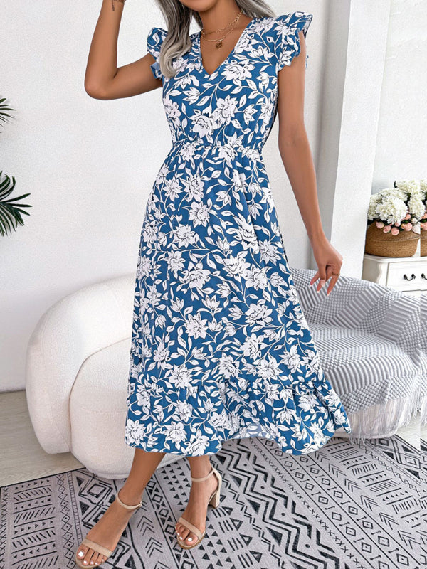 Midi Dresses- Floral V-Neck A-Line Midi Dress with Gathered Waist and Ruffle Frills- - Pekosa Women Clothing