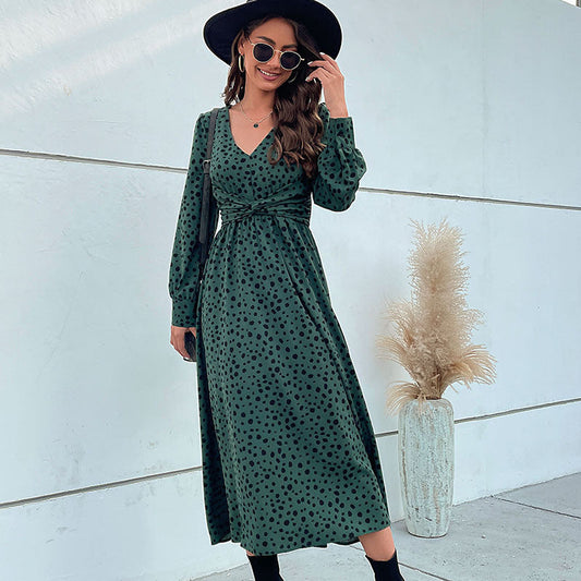 Midi Dresses- Hurry! Green Leopard Midi Dress with Trendy Knot-front & Long Sleeves- Green black jasper- Pekosa Women Clothing