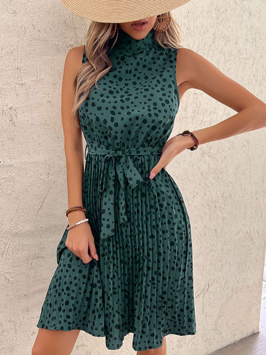 Midi Dresses- Leopard Print High Neck Belt Tie Pleated Midi Dress- Green- Pekosa Women Clothing