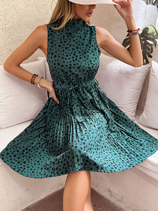 Midi Dresses- Leopard Print High Neck Belt Tie Pleated Midi Dress- - Pekosa Women Clothing