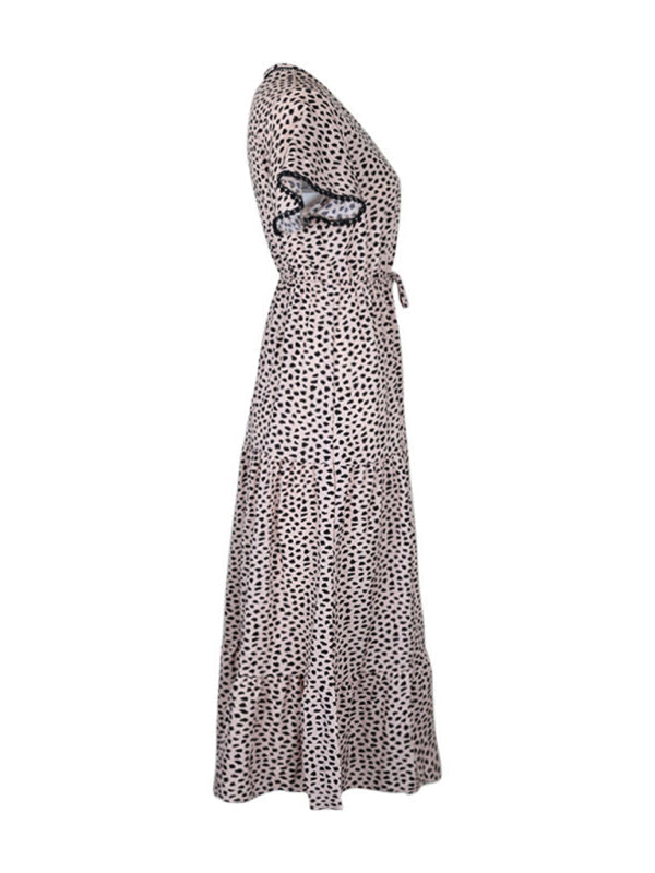 Midi Dresses- Leopard Print Maxi Midi Dress: Tiered Adjustable Waist-Tie Dresses- - Pekosa Women Clothing