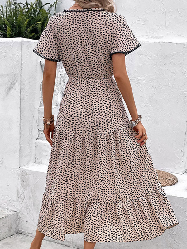 Midi Dresses- Leopard Print Maxi Midi Dress: Tiered Adjustable Waist-Tie Dresses- - Pekosa Women Clothing