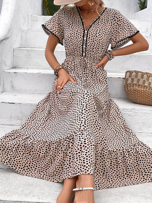 Midi Dresses- Leopard Print Maxi Midi Dress: Tiered Adjustable Waist-Tie Dresses- Cracker khaki- Pekosa Women Clothing