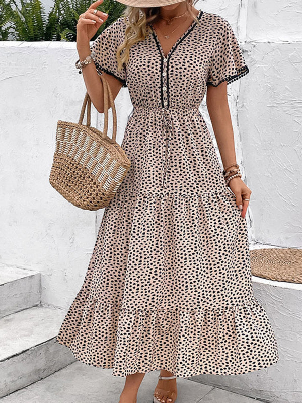 Midi Dresses- Leopard Print Maxi Midi Dress: Tiered Adjustable Waist-Tie Dresses- - Pekosa Women Clothing