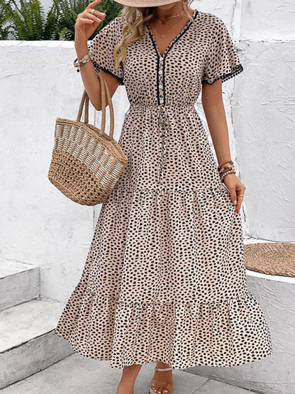 Midi Dresses- Leopard Print Maxi Midi Dress: Tiered Adjustable Waist-Tie Dresses- - Pekosa Women Clothing