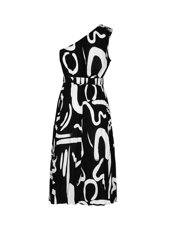 Midi Dresses- Letter Print Asymmetric Design One Shoulder Midi Dress- - Chuzko Women Clothing