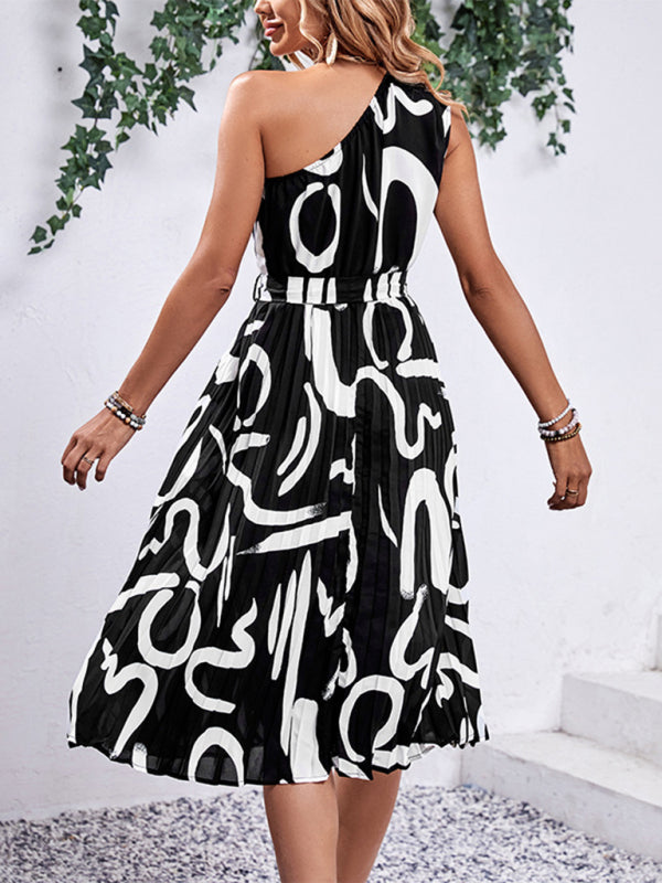 Midi Dresses- Letter Print Asymmetric Design One Shoulder Midi Dress- - Chuzko Women Clothing