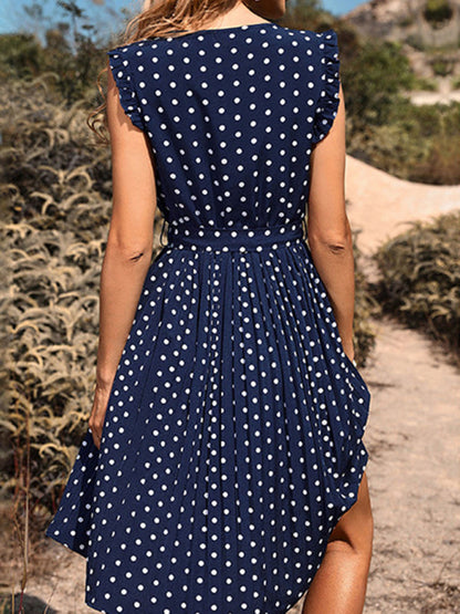 Midi Dresses- Polka Dot Pleated Belt Tie Midi Dress- - Pekosa Women Clothing