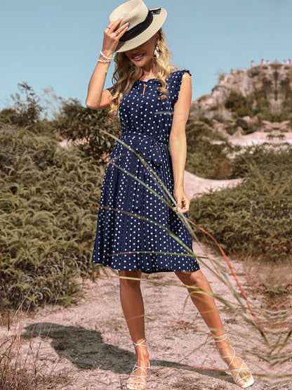 Midi Dresses- Polka Dot Pleated Belt Tie Midi Dress- - Pekosa Women Clothing