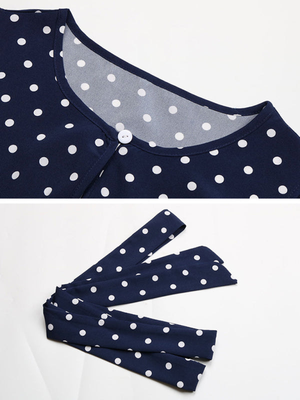 Midi Dresses- Polka Dot Pleated Belt Tie Midi Dress- - Pekosa Women Clothing