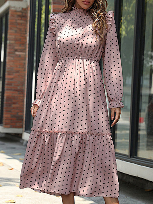 Midi Dresses- Polka Dot Ruffle Smocked Neck Long Sleeve Dress- Pink- Pekosa Women Clothing