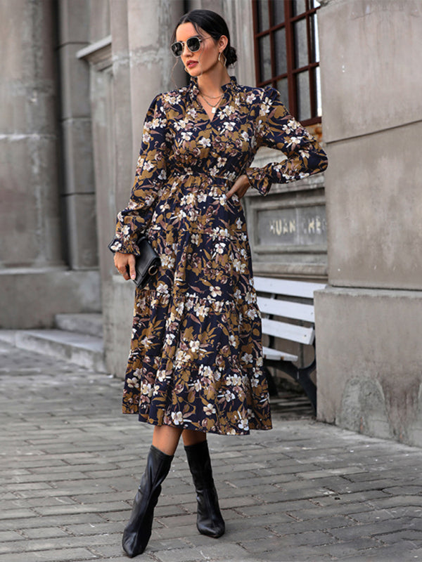 Midi Dresses- Romantic Floral A-Line Midi Dress with Gathered Waist & Lantern Sleeves- - Pekosa Women Clothing