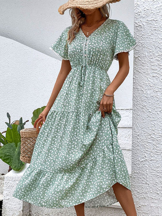 Midi Dresses- Romantic Floral V-Neck Tiered Midi Dress for Any Occasion- Green- Pekosa Women Clothing