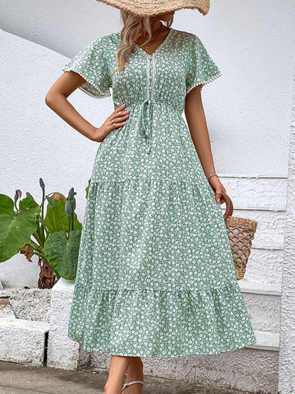 Midi Dresses- Romantic Floral V-Neck Tiered Midi Dress for Any Occasion- - Pekosa Women Clothing