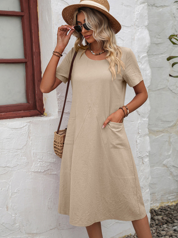 Midi Dresses- Round Neck Cotton Linen Midi Dress with Pockets- Beige khaki- Pekosa Women Clothing