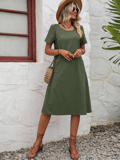 Midi Dresses- Round Neck Cotton Linen Midi Dress with Pockets- - Pekosa Women Clothing