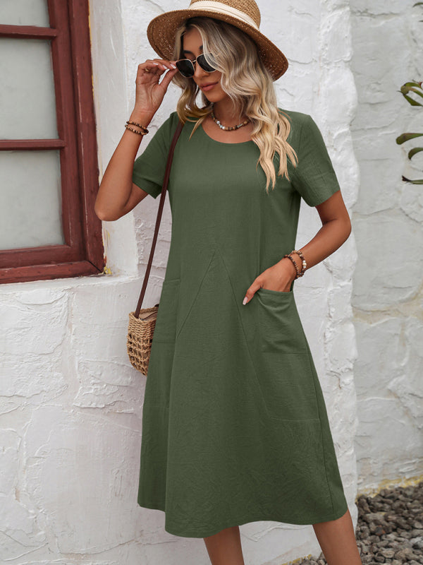 Midi Dresses- Round Neck Cotton Linen Midi Dress with Pockets- Olive green- Pekosa Women Clothing