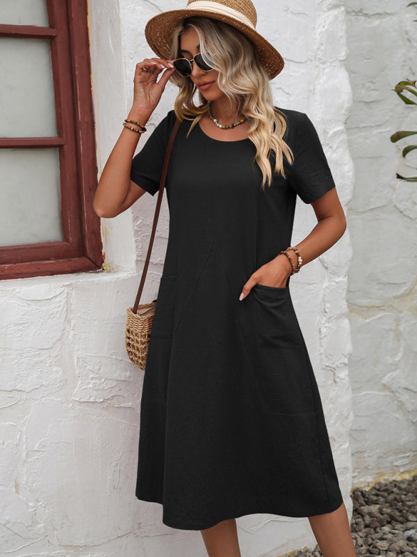 Midi Dresses- Round Neck Cotton Linen Midi Dress with Pockets- Black- Pekosa Women Clothing