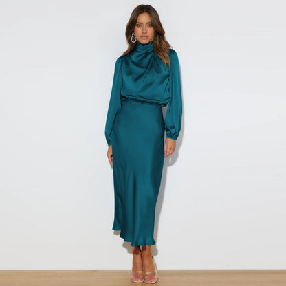 Midi Dresses- Satin Midi Dress with Cowl Drapes & Long Sleeves for Any Occasion- Purplish blue navy- Pekosa Women Clothing