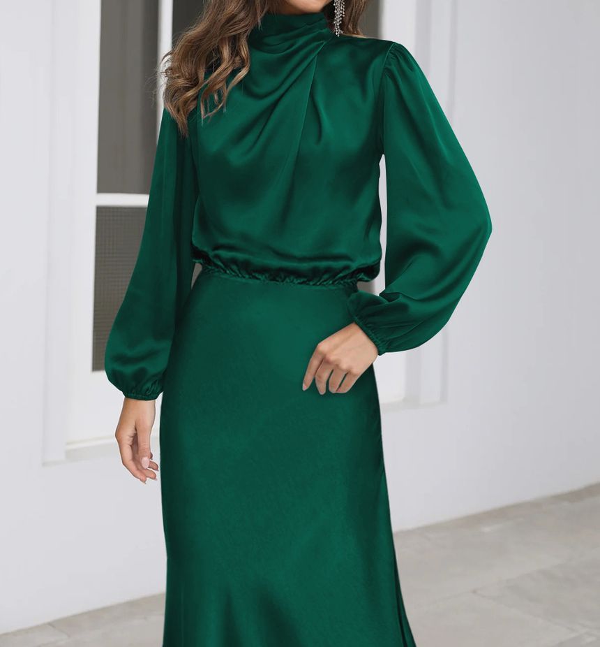 Midi Dresses- Satin Midi Dress with Cowl Drapes & Long Sleeves for Any Occasion- - Pekosa Women Clothing