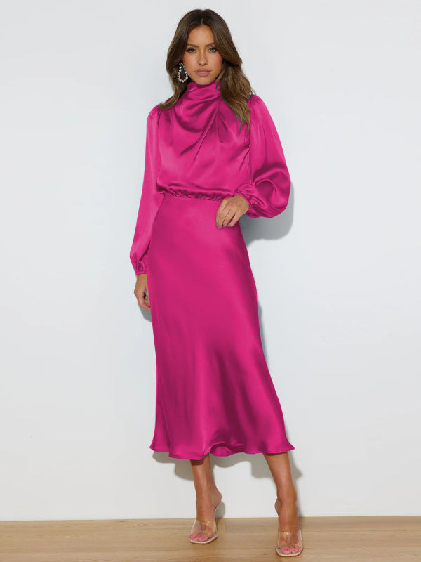 Midi Dresses- Satin Midi Dress with Cowl Drapes & Long Sleeves for Any Occasion- Rose- Pekosa Women Clothing