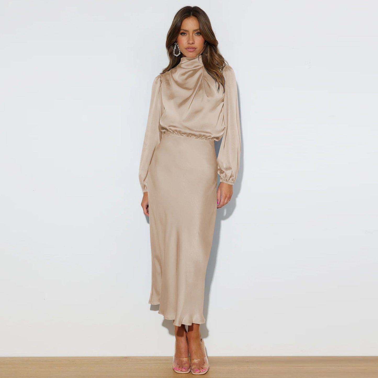 Midi Dresses- Satin Midi Dress with Cowl Drapes & Long Sleeves for Any Occasion- - Pekosa Women Clothing