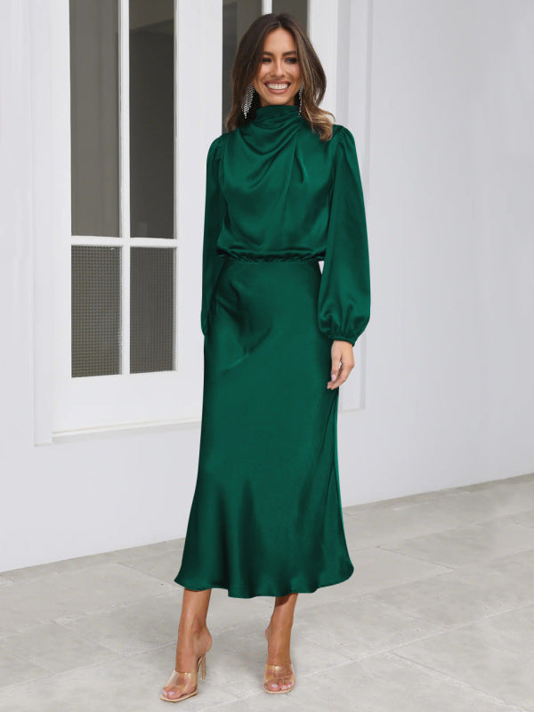 Midi Dresses- Satin Midi Dress with Cowl Drapes & Long Sleeves for Any Occasion- Green- Pekosa Women Clothing