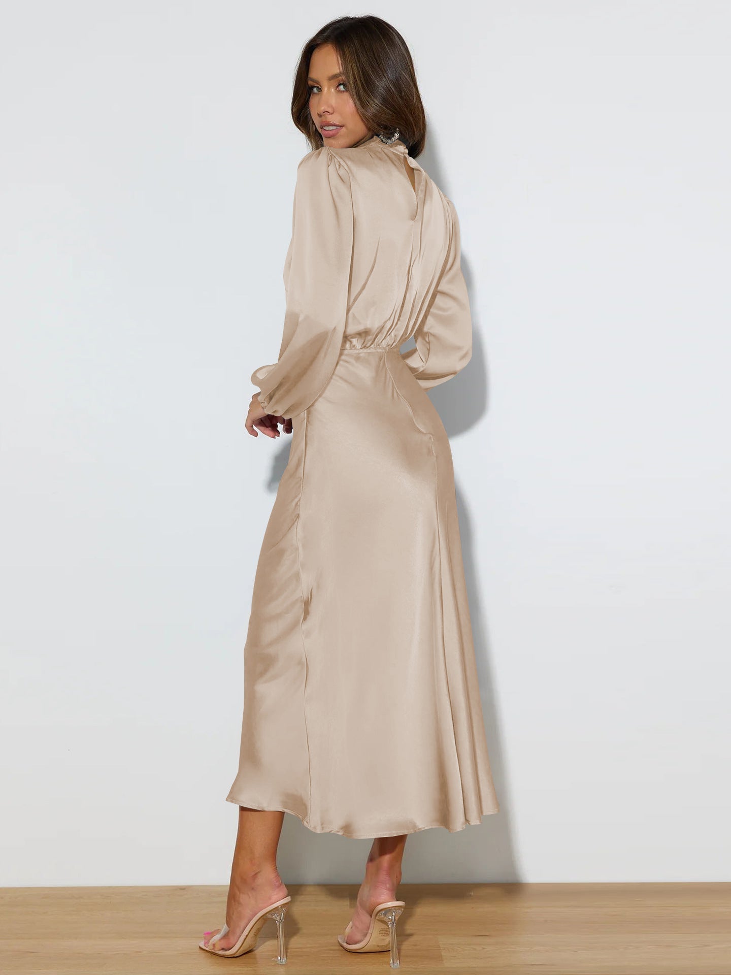 Midi Dresses- Satin Midi Dress with Cowl Drapes & Long Sleeves for Any Occasion- - Pekosa Women Clothing