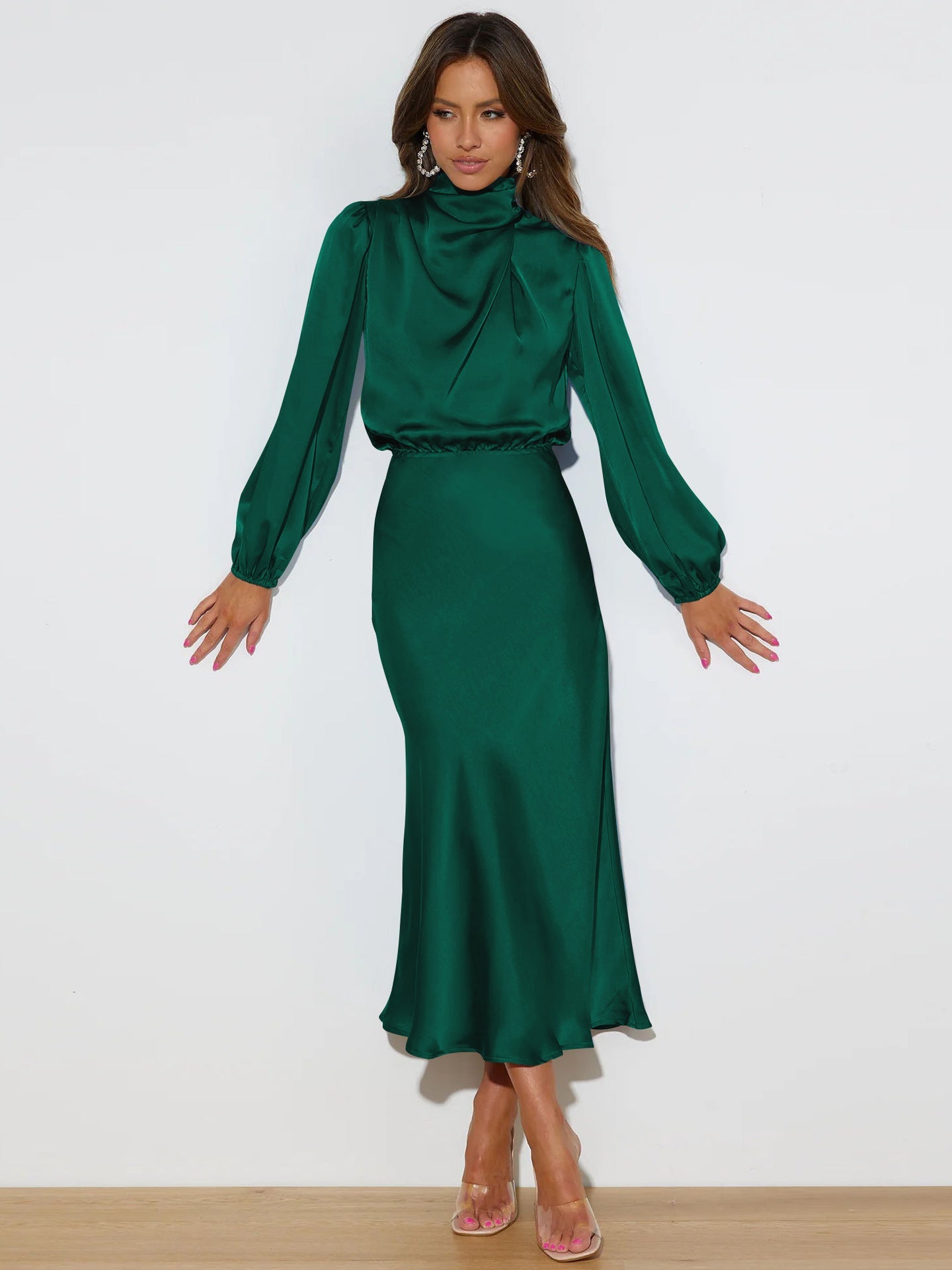 Midi Dresses- Satin Midi Dress with Cowl Drapes & Long Sleeves for Any Occasion- - Pekosa Women Clothing