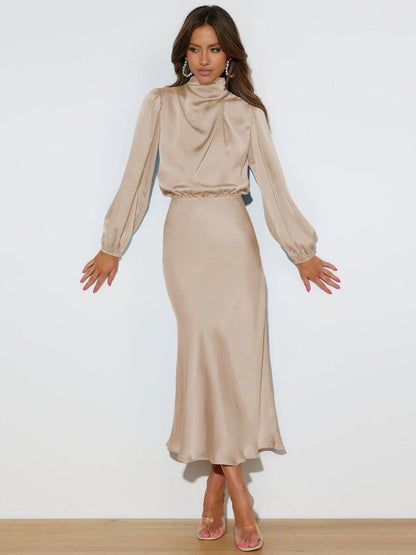 Midi Dresses- Satin Midi Dress with Cowl Drapes & Long Sleeves for Any Occasion- - Pekosa Women Clothing