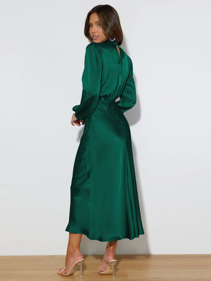 Midi Dresses- Satin Midi Dress with Cowl Drapes & Long Sleeves for Any Occasion- - Pekosa Women Clothing