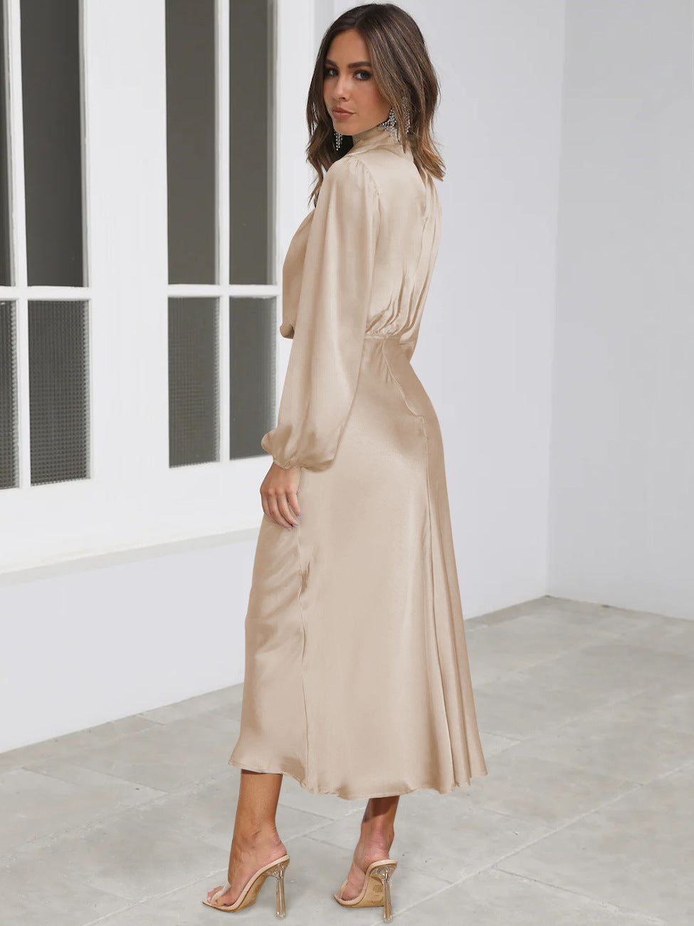 Midi Dresses- Satin Midi Dress with Cowl Drapes & Long Sleeves for Any Occasion- - Pekosa Women Clothing