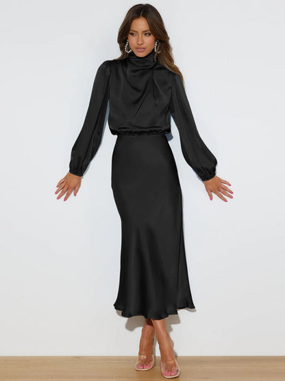 Midi Dresses- Satin Midi Dress with Cowl Drapes & Long Sleeves for Any Occasion- - Pekosa Women Clothing