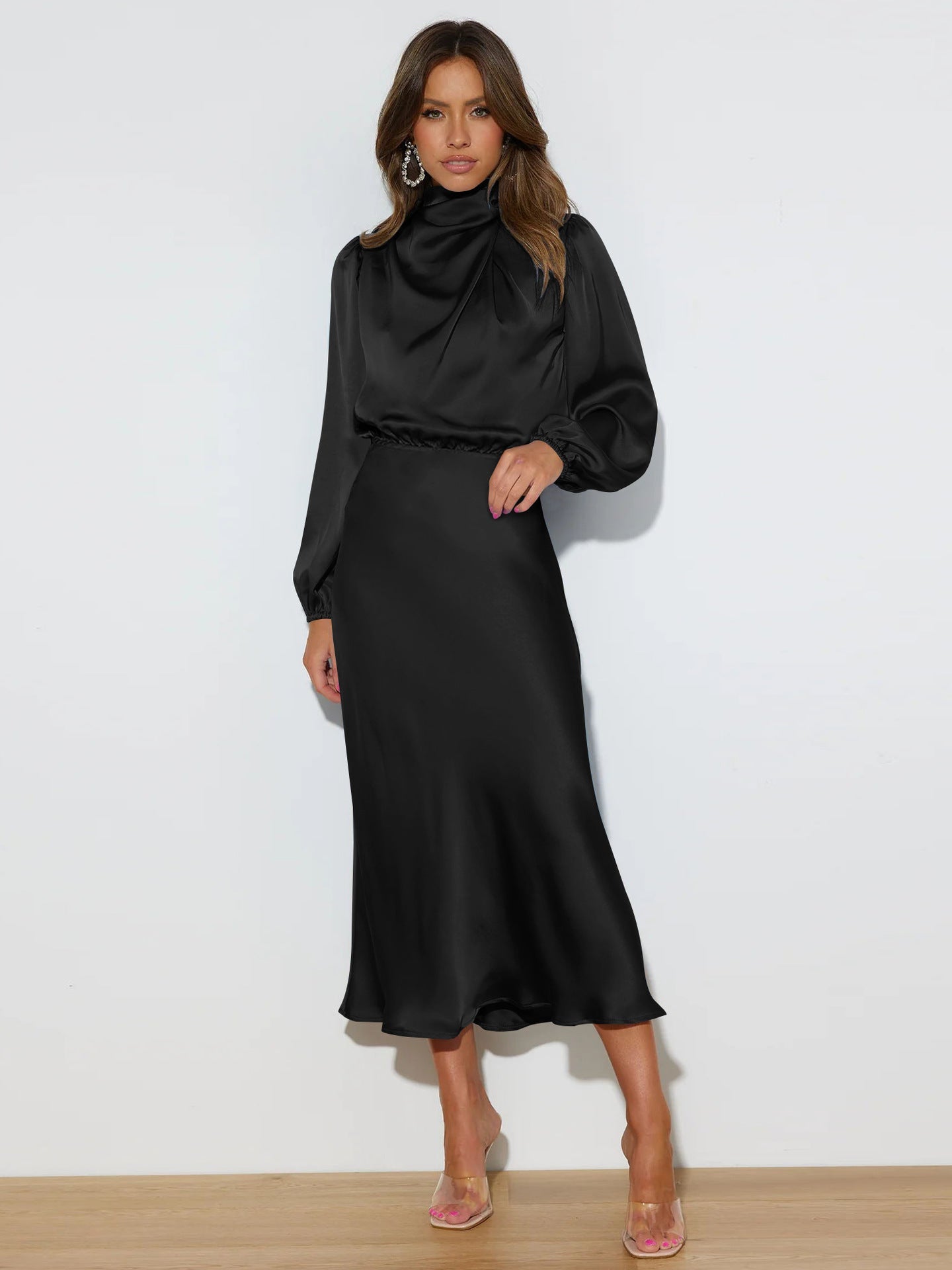 Midi Dresses- Satin Midi Dress with Cowl Drapes & Long Sleeves for Any Occasion- - Pekosa Women Clothing