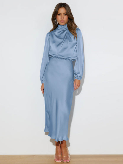 Midi Dresses- Satin Midi Dress with Cowl Drapes & Long Sleeves for Any Occasion- - Pekosa Women Clothing