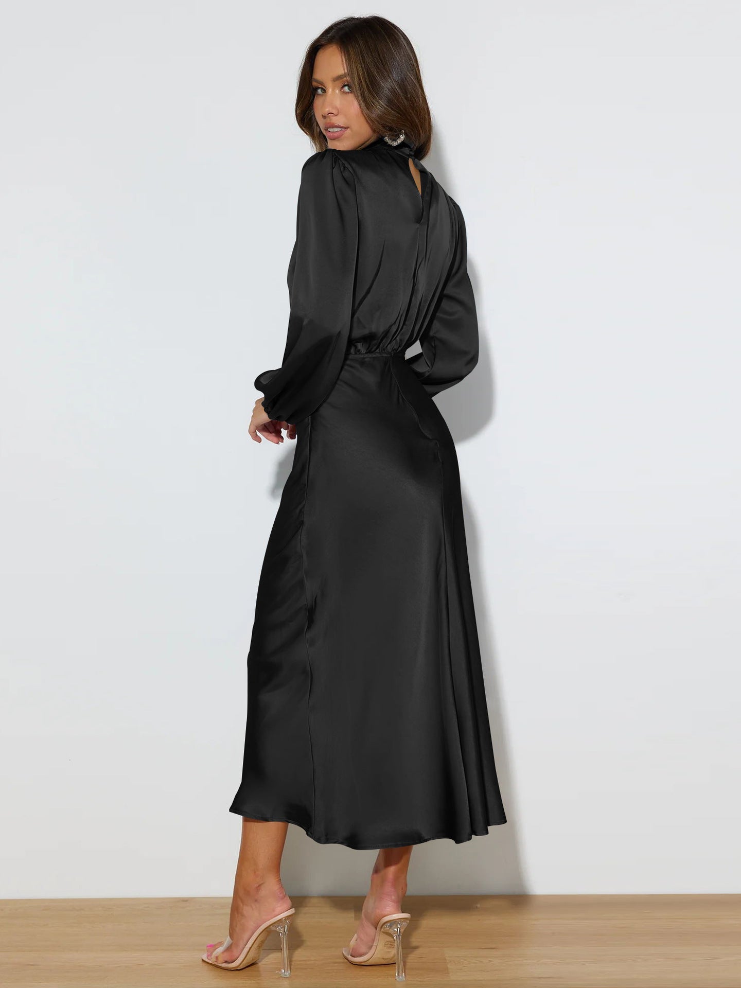 Midi Dresses- Satin Midi Dress with Cowl Drapes & Long Sleeves for Any Occasion- - Pekosa Women Clothing