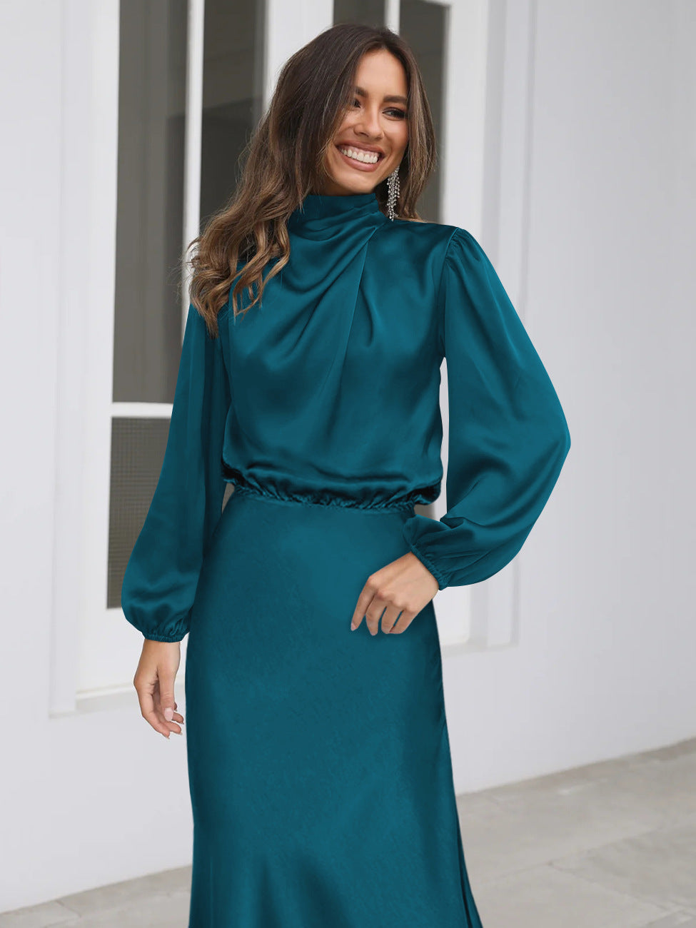 Midi Dresses- Satin Midi Dress with Cowl Drapes & Long Sleeves for Any Occasion- - Pekosa Women Clothing