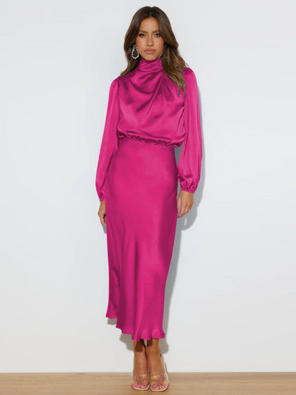 Midi Dresses- Satin Midi Dress with Cowl Drapes & Long Sleeves for Any Occasion- - Pekosa Women Clothing