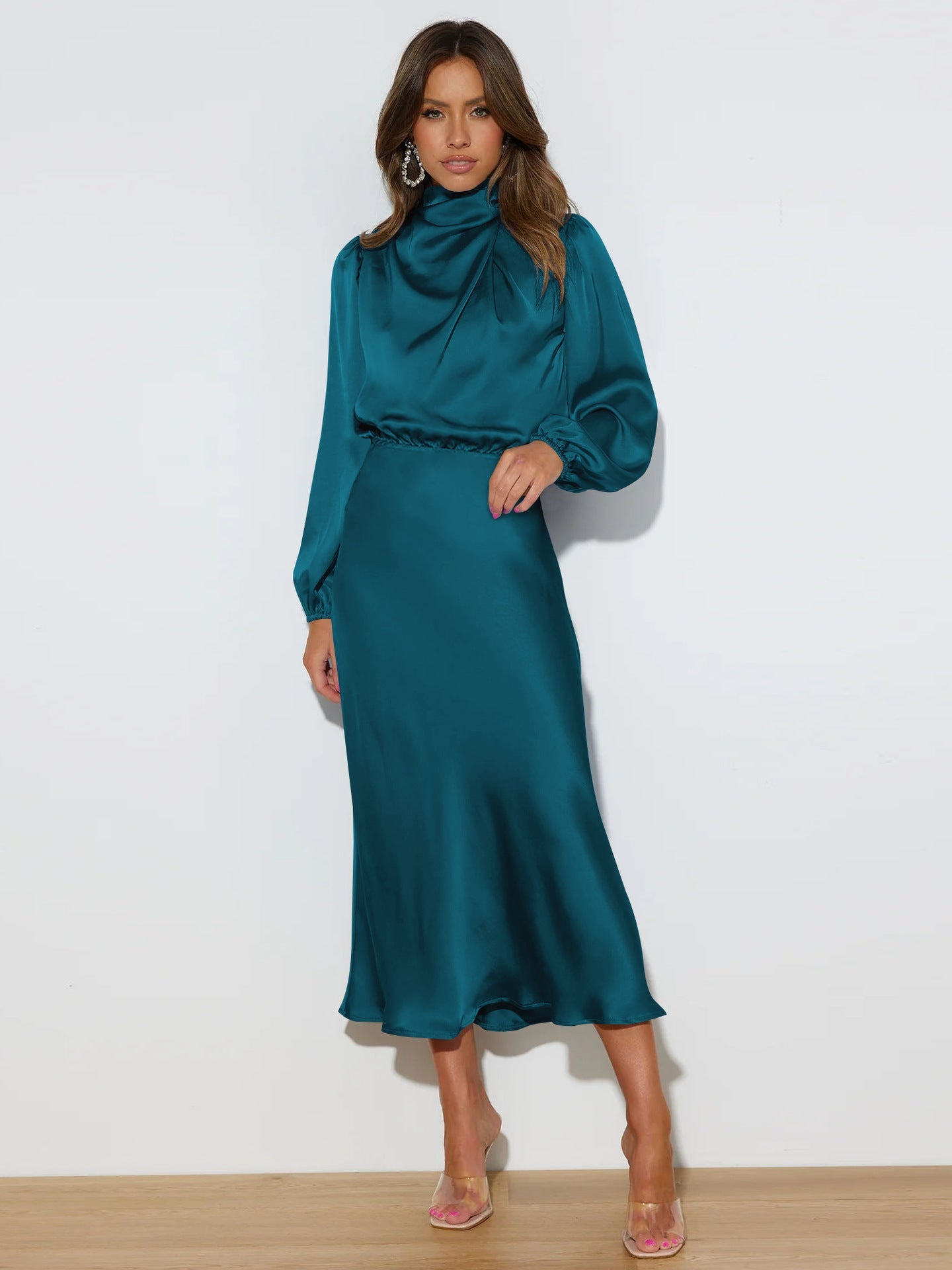 Midi Dresses- Satin Midi Dress with Cowl Drapes & Long Sleeves for Any Occasion- - Pekosa Women Clothing