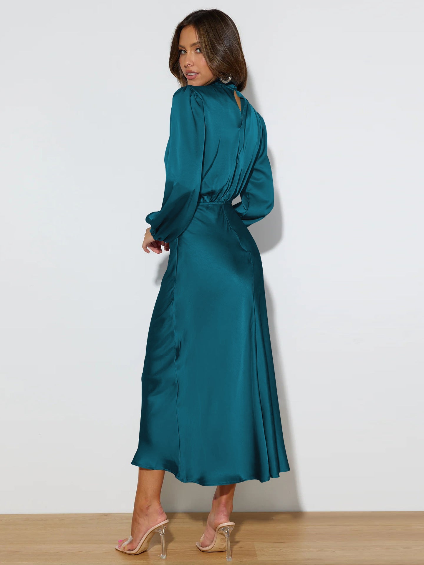 Midi Dresses- Satin Midi Dress with Cowl Drapes & Long Sleeves for Any Occasion- - Pekosa Women Clothing