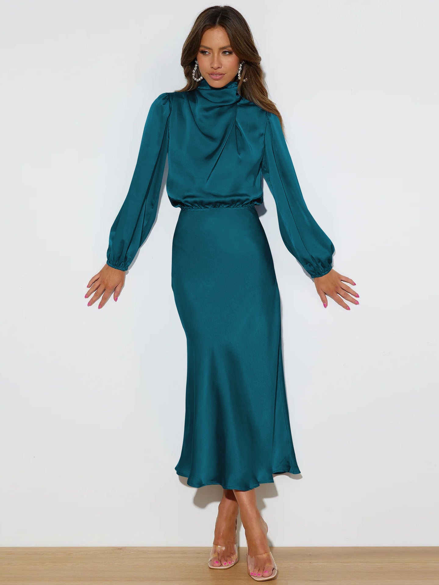 Midi Dresses- Satin Midi Dress with Cowl Drapes & Long Sleeves for Any Occasion- - Pekosa Women Clothing