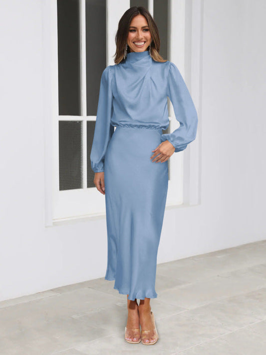 Midi Dresses- Satin Midi Dress with Cowl Drapes & Long Sleeves for Any Occasion- Blue- Pekosa Women Clothing