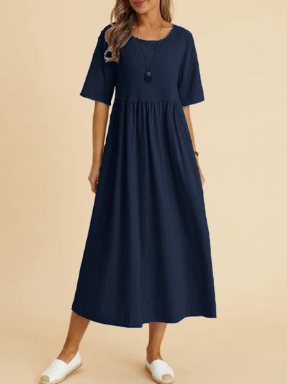 Midi Dresses- Solid A-Line Dress - Pleated Skirt with High Waist- Purplish blue navy- Pekosa Women Clothing