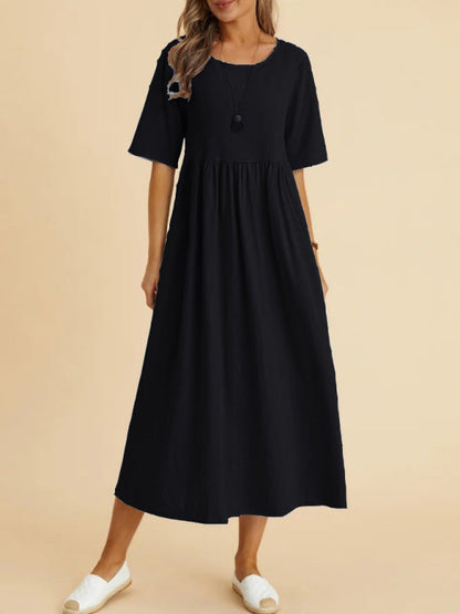 Midi Dresses- Solid A-Line Dress - Pleated Skirt with High Waist- Black- Pekosa Women Clothing